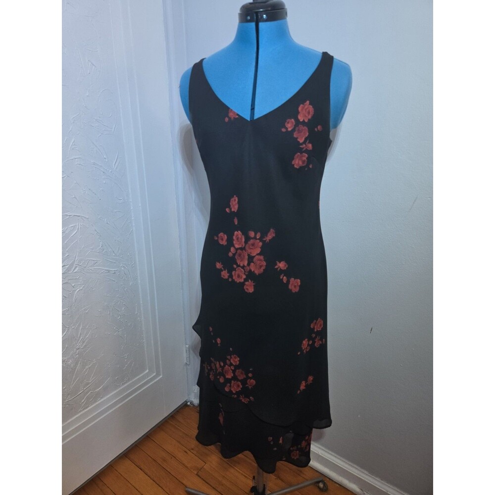 Jessica Howard Petite Dress 8P Black Red Floral Layered Chiffon Y2K Midi